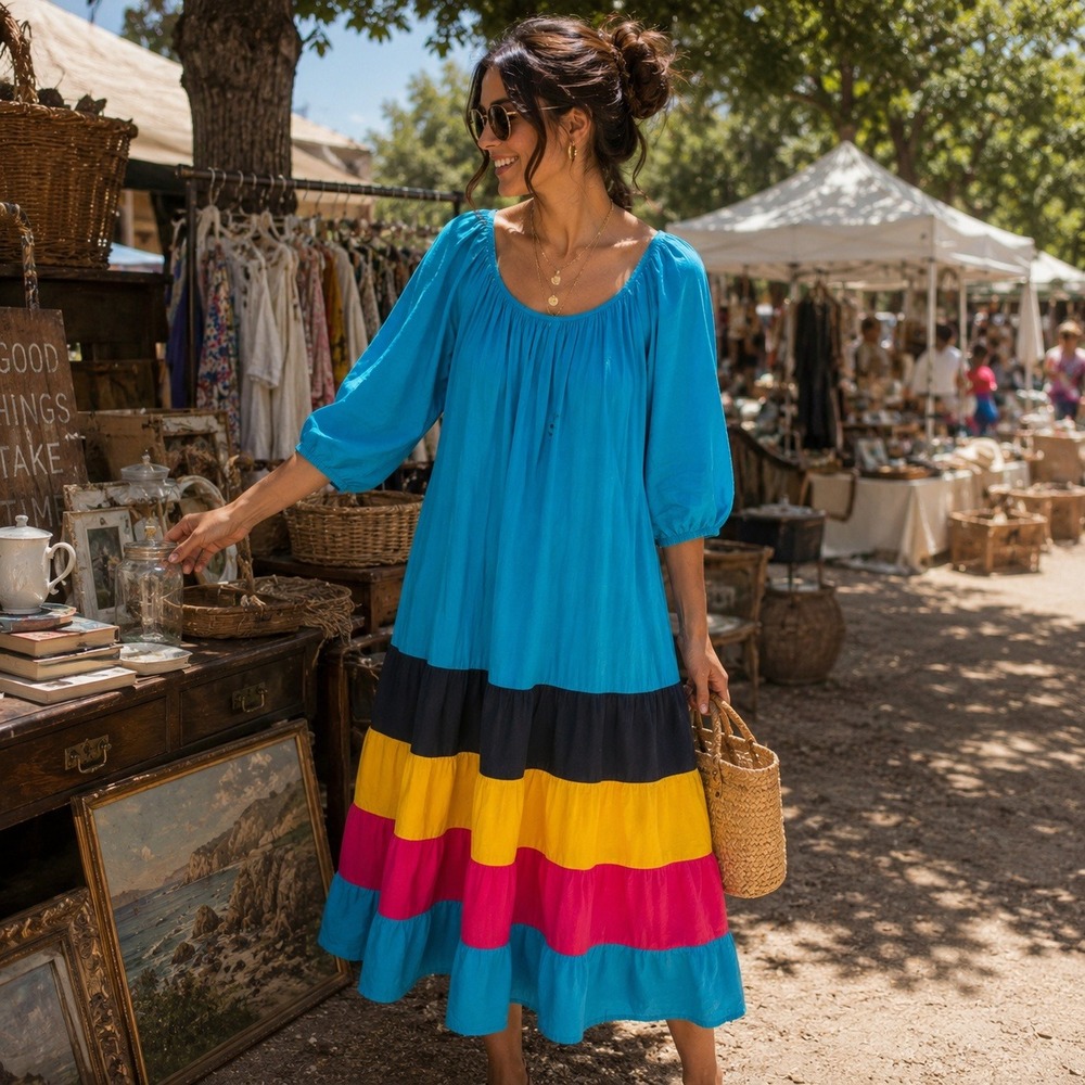 Vintage Appel Women Blue Colorblock Tiered Cotton Maxi MuMu Dress USA Small
